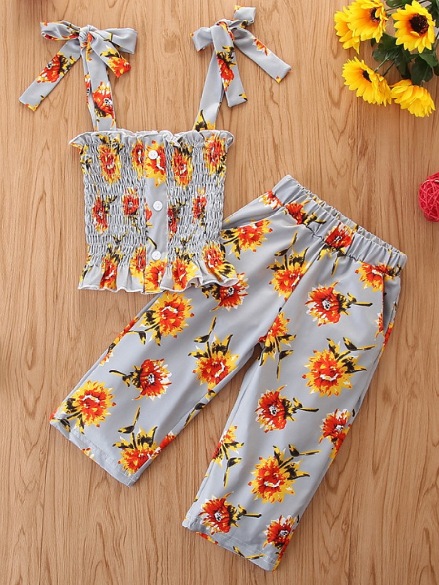 

lovely Stylish Floral Print Grey Girl Two-piece Pants Set