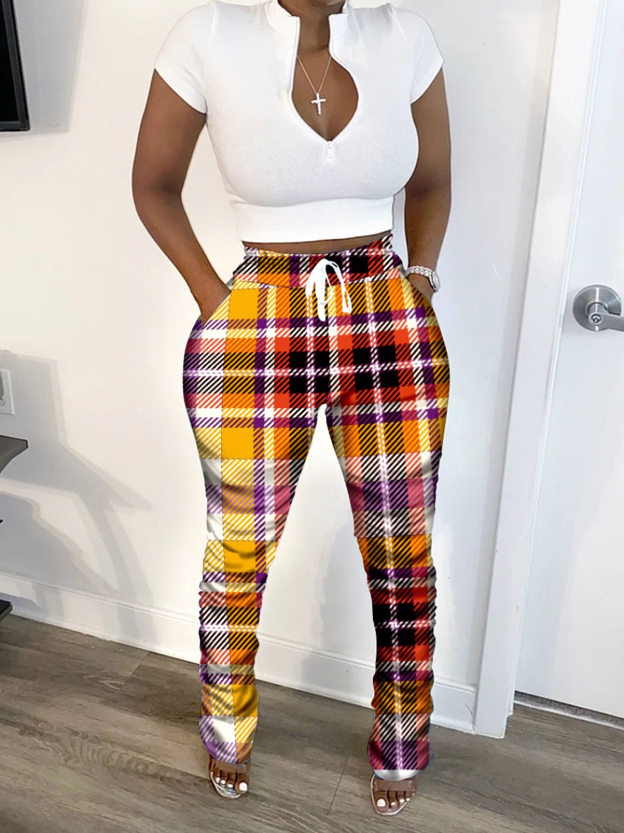 

Lovely Stylish Zipper Design Grid Print Deep Yellow Two Piece Pants Set