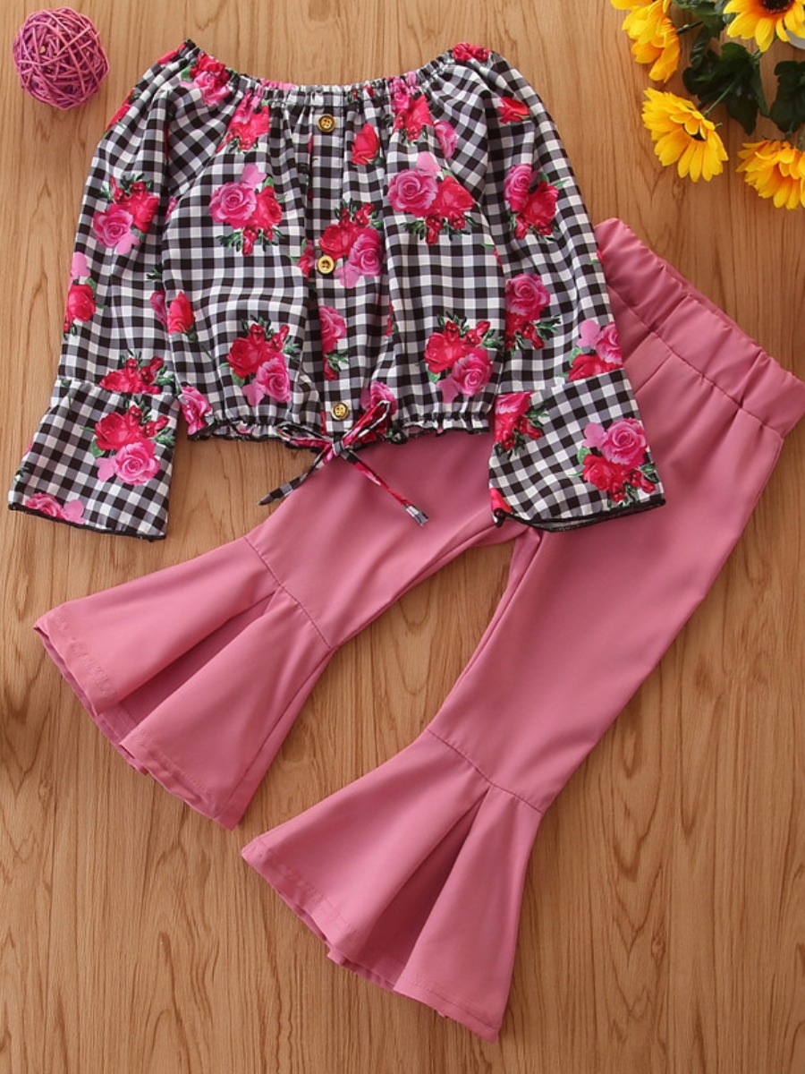 

lovely Stylish Floral Print Pink Girl Two-piece Pants Set
