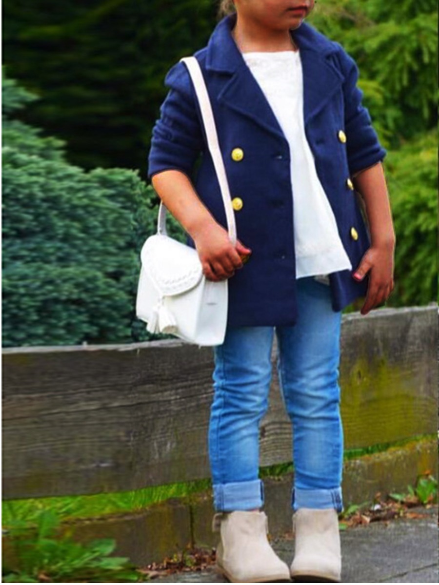 

lovely Stylish Turndown Collar Buttons Design Blue Girl Coat