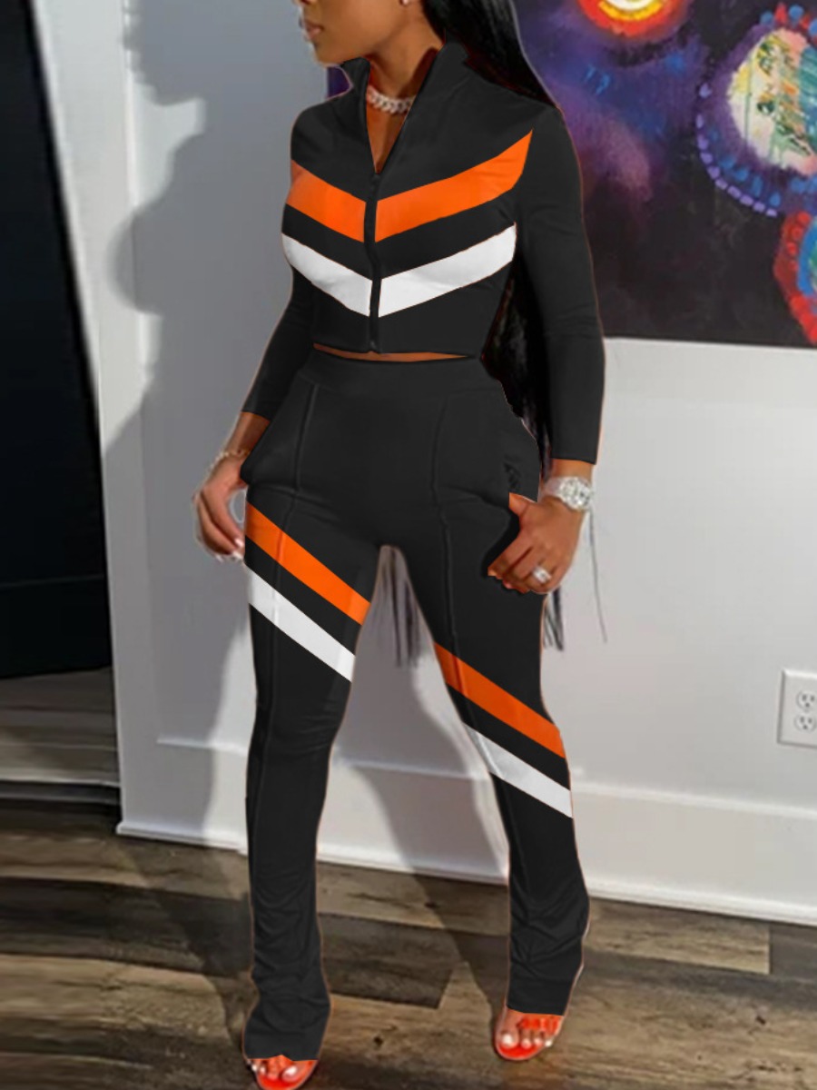 

lovely Sportswear Zipper Design Patchwork Black Two Piece Pants Set