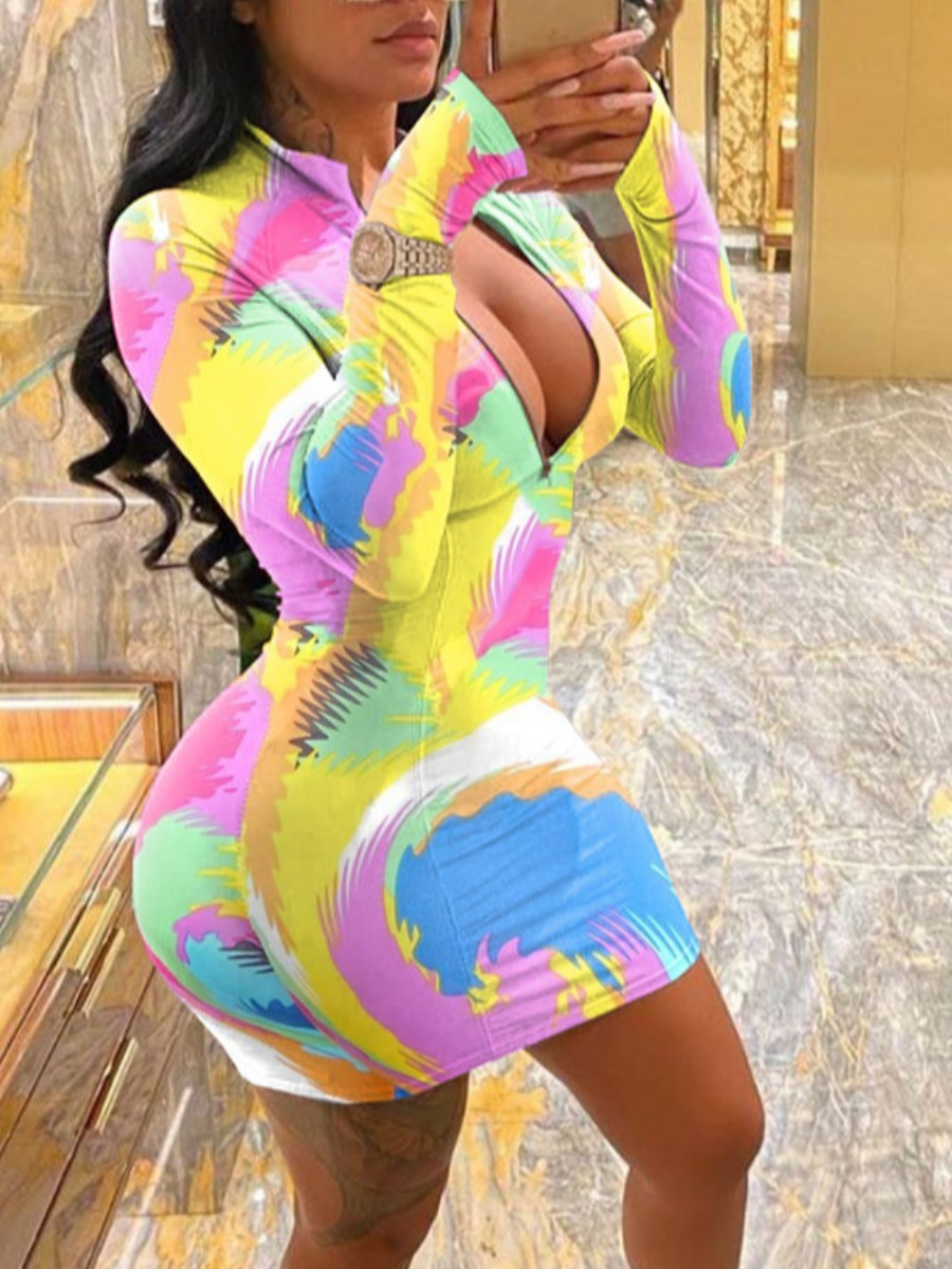 

lovely Trendy Zipper Design Tie-dye Multicolor Mini Dress, Multi