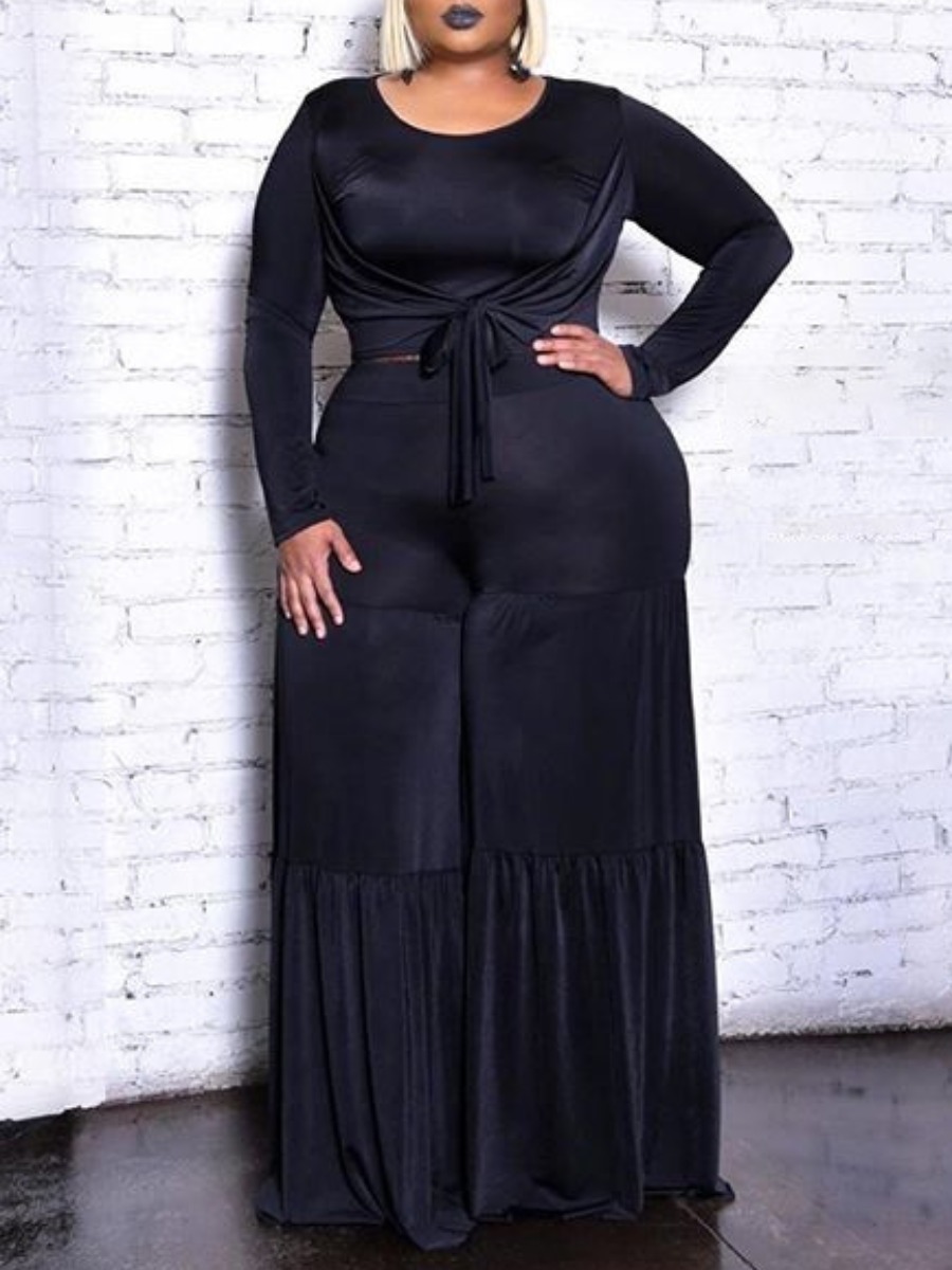 

lovely Casual O Neck Knot Design Black Plus Size Two-piece Pants Set