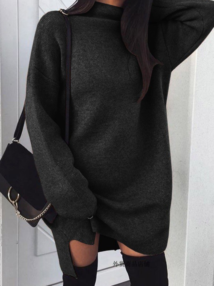 

lovely Leisure Half A Turtleneck Basic Black Knee Length Dress