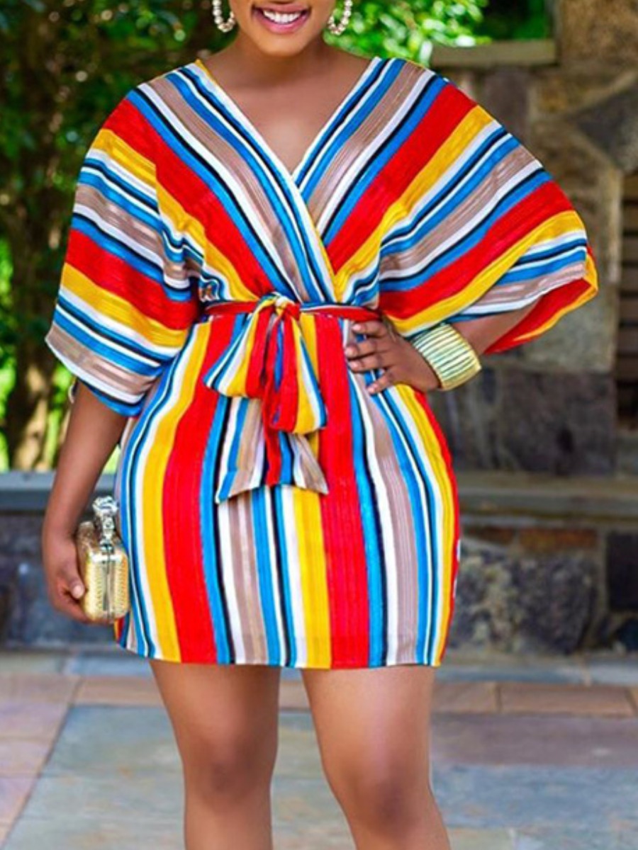 

Lovely Stylish V Neck Rainbow Striped Red Mini Dress
