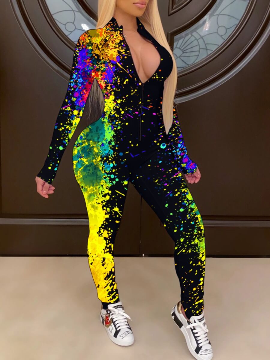 

LW Trendy Zipper Design Graffiti Print Yellow One-piece Jumpsuit