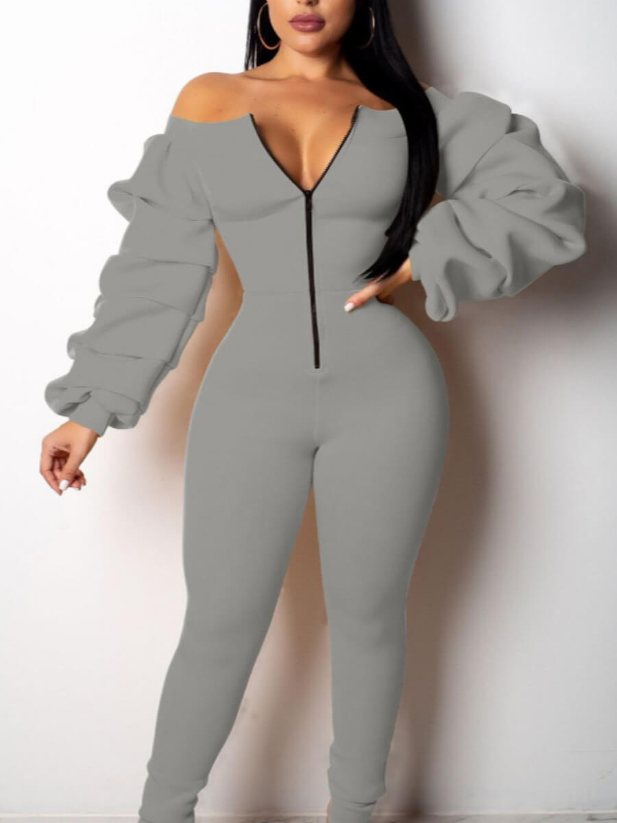 

lovely Trendy Dew Shoulder Fold Design Grey One-piece Jumpsuit