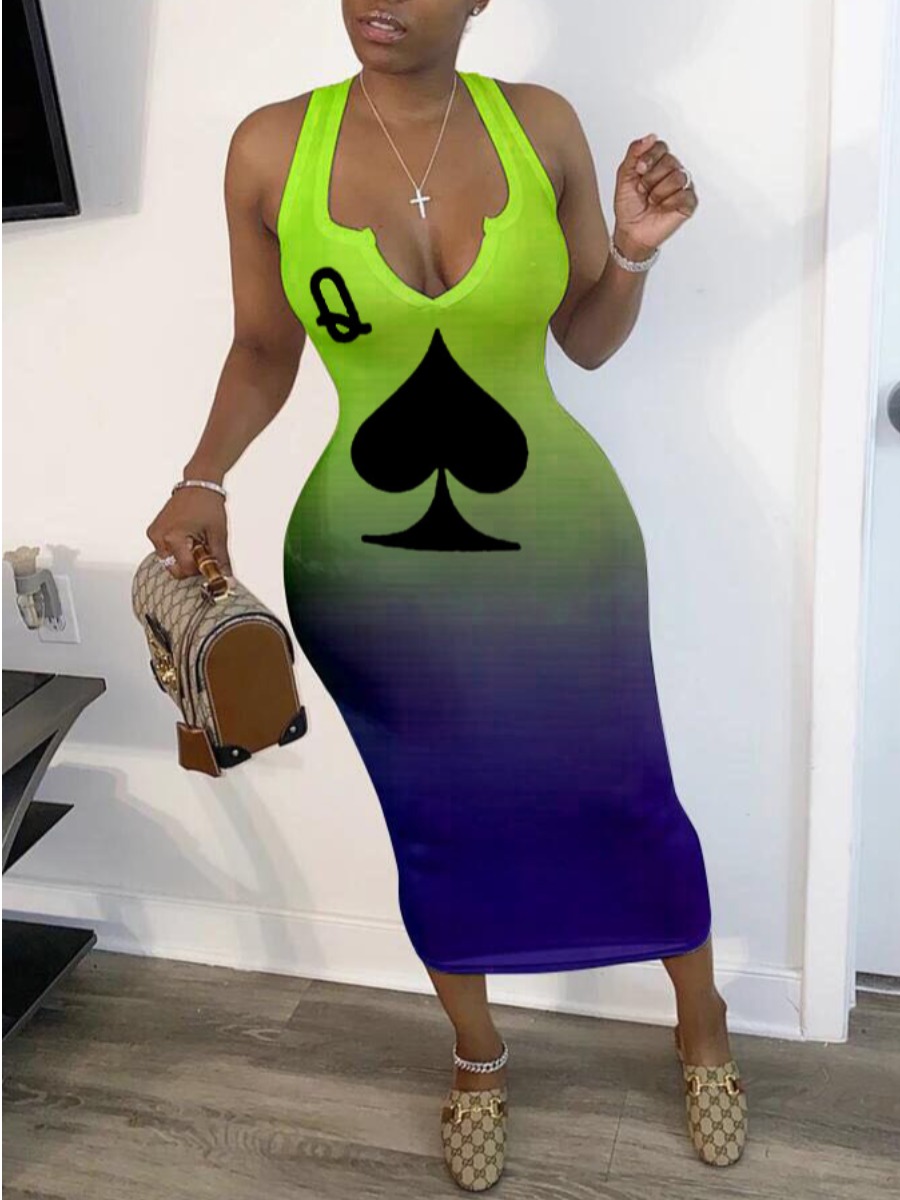 

lovely Street Gradient Print Green Mid Calf Dress