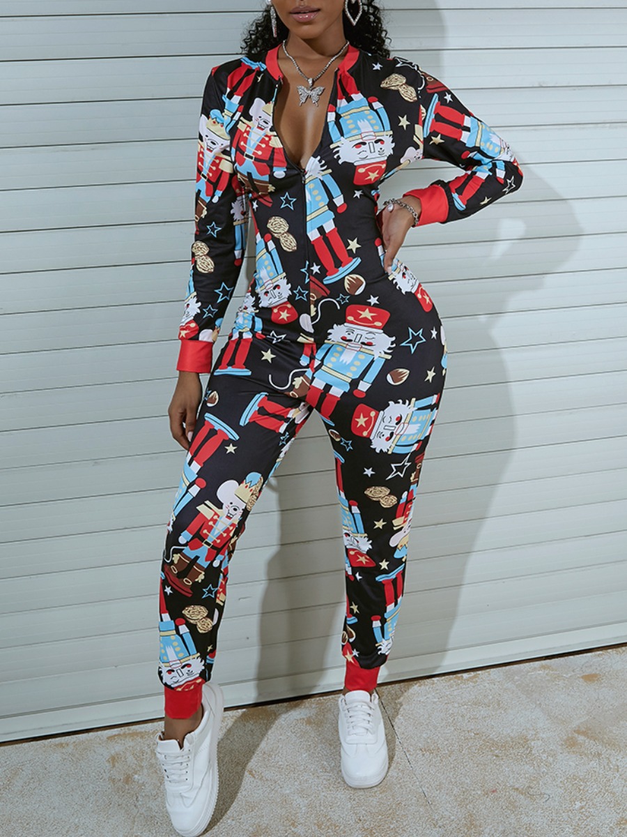 

lovely Trendy V Neck Cartoon Print Black One-piece Jumpsuit