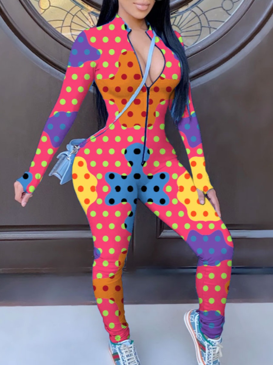

lovely Stylish Print Zipper Design Multicolor One-piece Jumpsuit, Multi