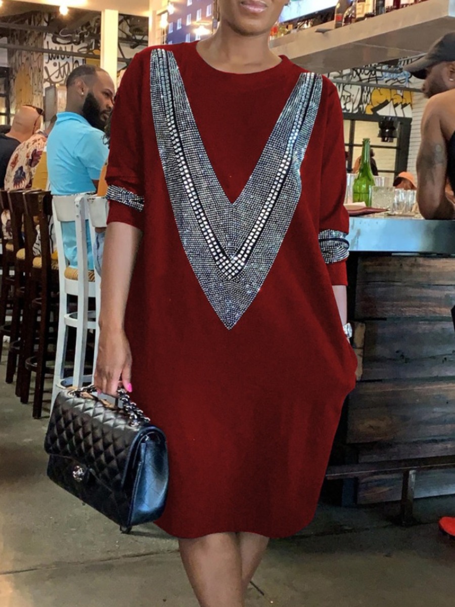 

lovely Casual O Neck Print Patchwork Wine Red Knee Length Dress