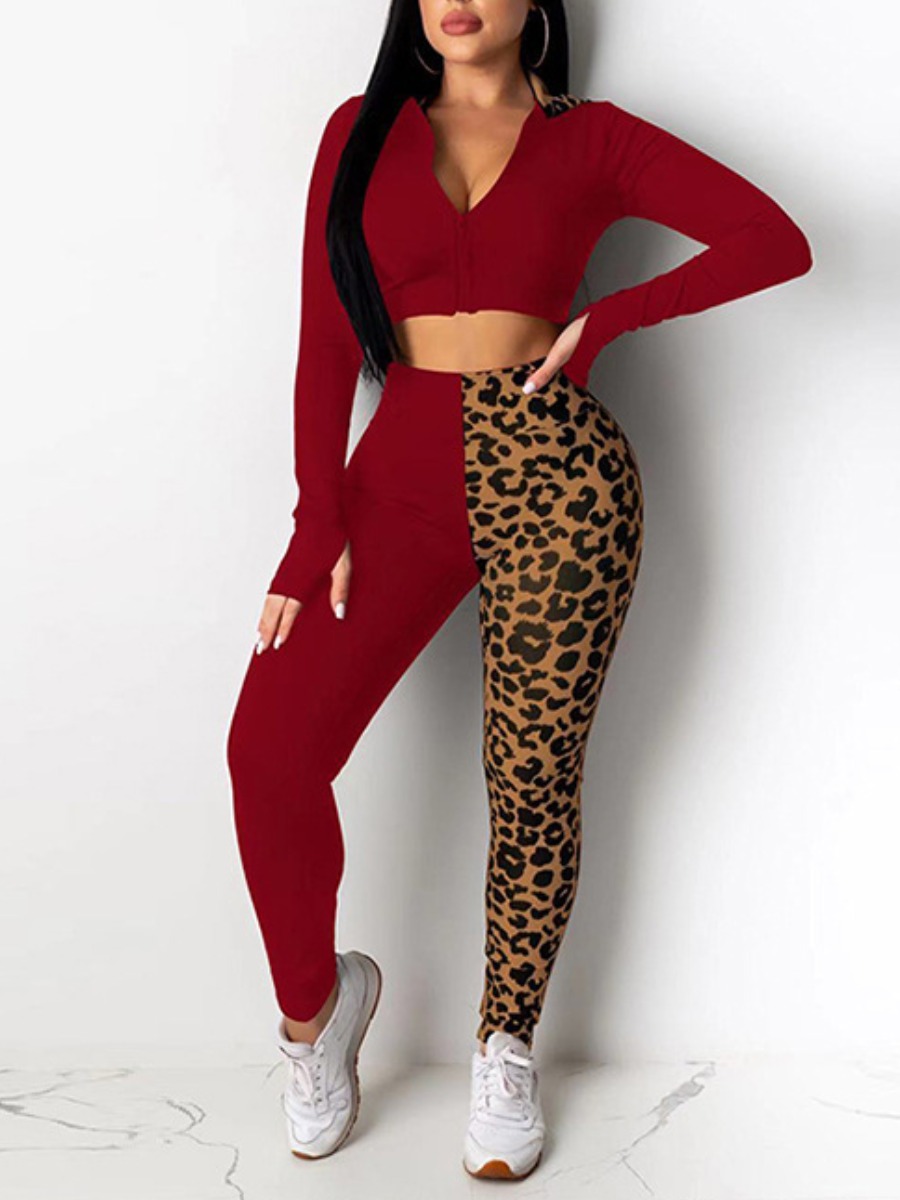 

lovely Casual Leopard Print Patchwork Wine Red Loungewear
