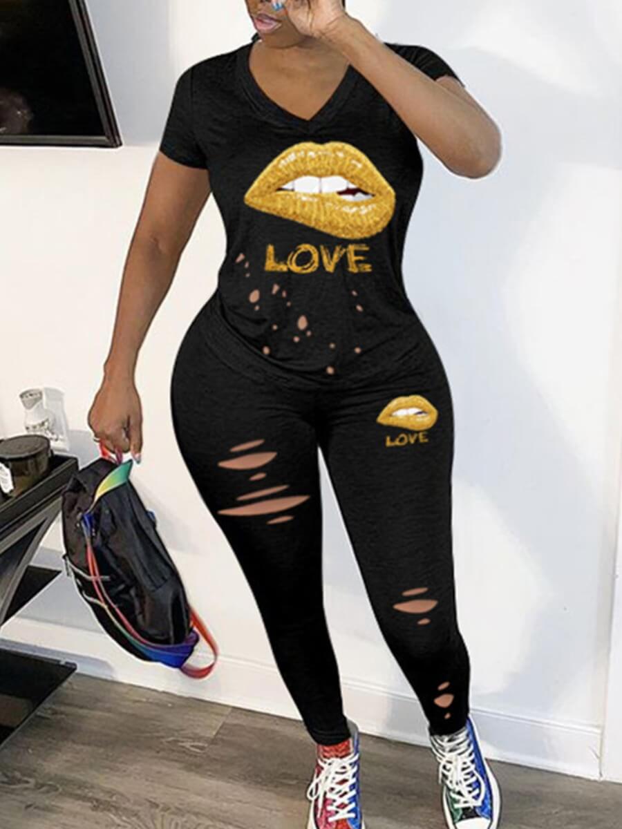 

LW Plus Size Leisure Lip Print Black Two-piece Pants Set