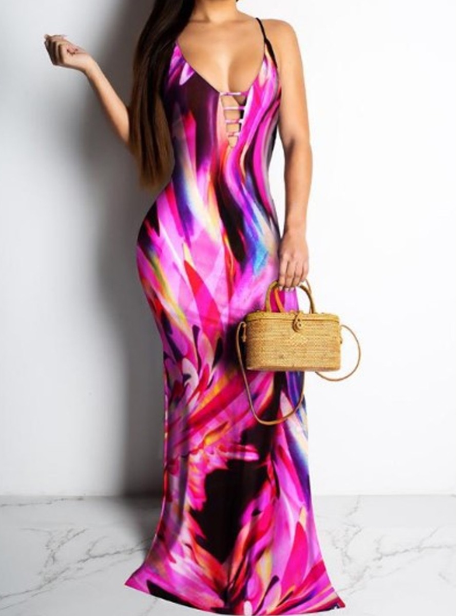 

lovely Trendy Spaghetti Strap Tie-dye Red Maxi Dress