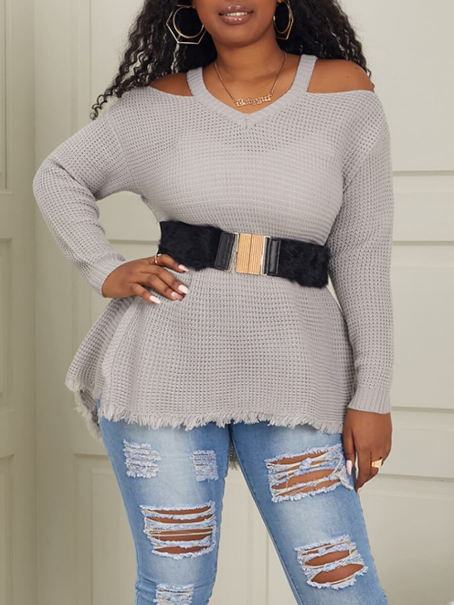 

Lovely Trendy V Neck Hollow-out Asymmetrical Grey Sweater