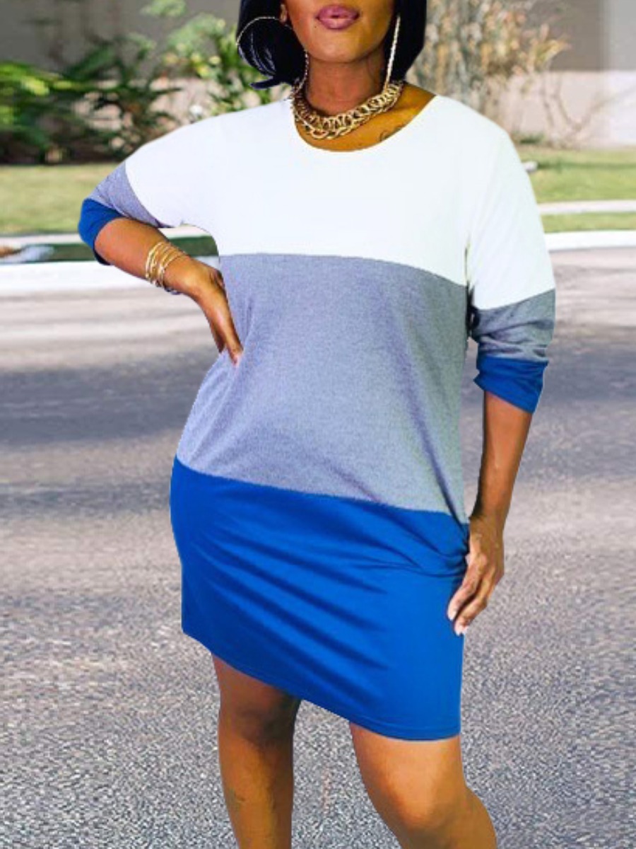 

lovely Casual O Neck Color-lump Patchwork Blue Mini Dress