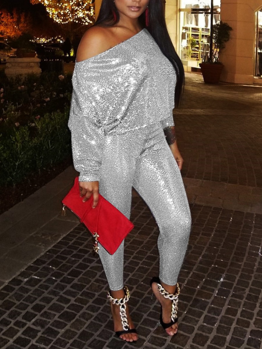 

Lovely Trendy Sequined Skinny SilverTwo Piece Pants Set