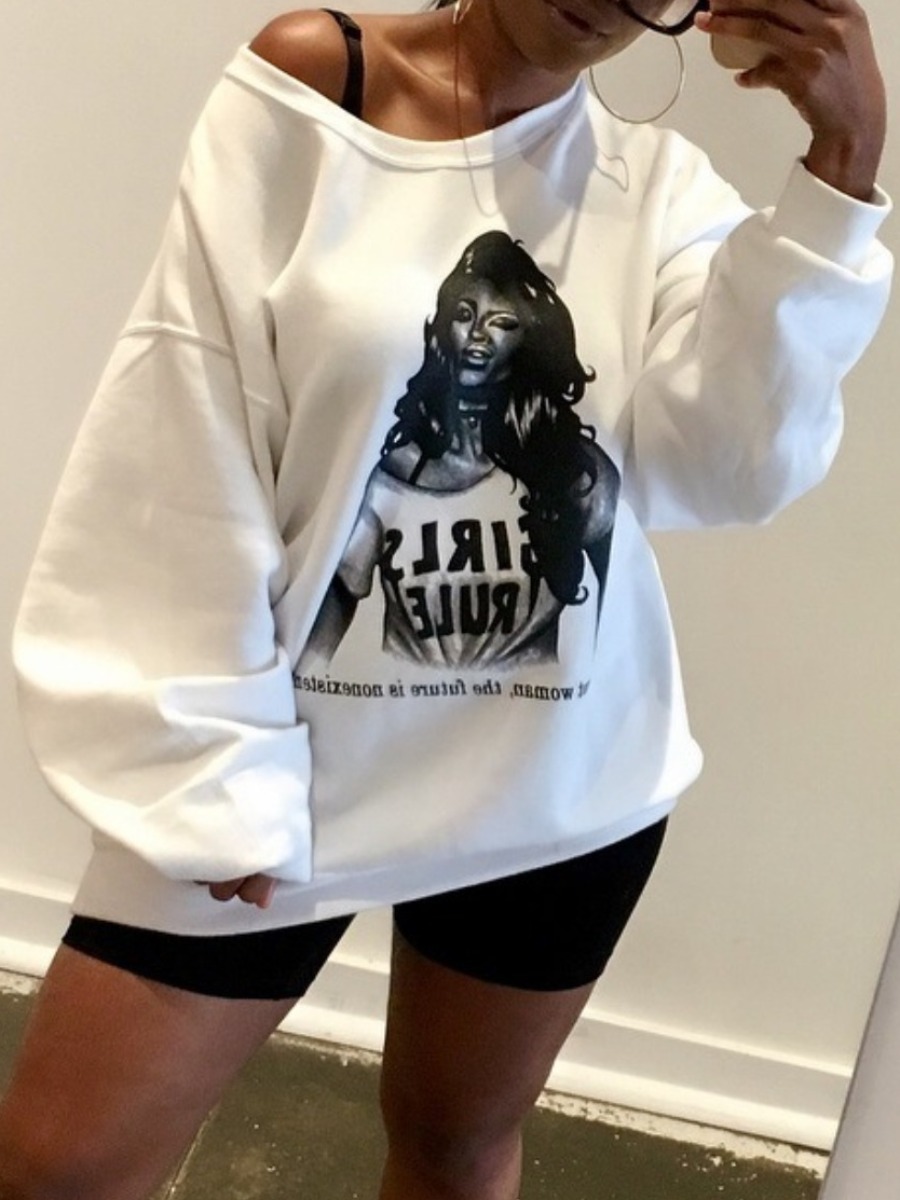 

lovely Street O Neck Print White Hoodie