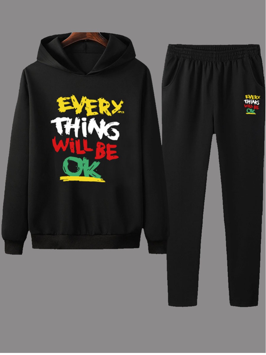 

lovely Sportswear Hooded Collar Letter Print Black Men Two-piece Pants Set