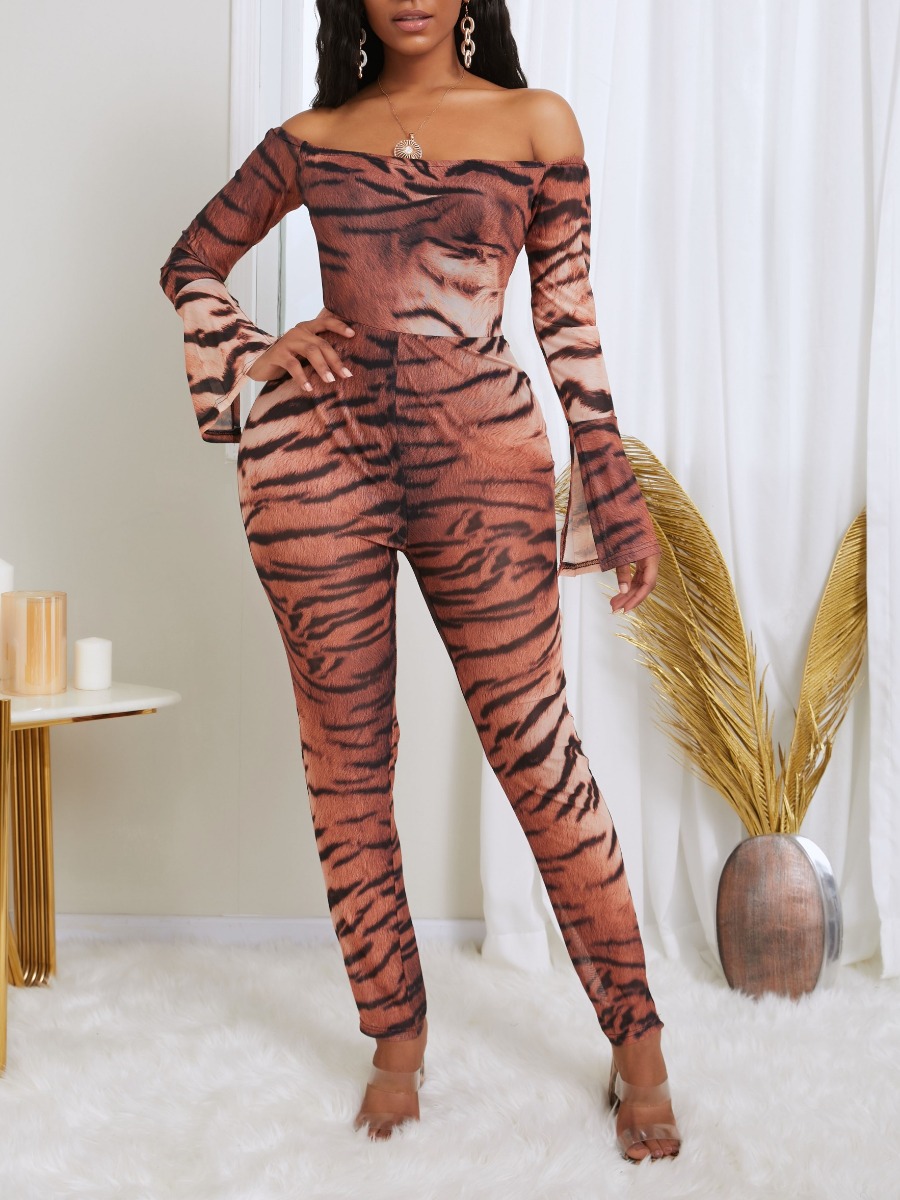 

lovely Stylish Dew Shoulder Tiger Stripes One-piece Jumpsuit