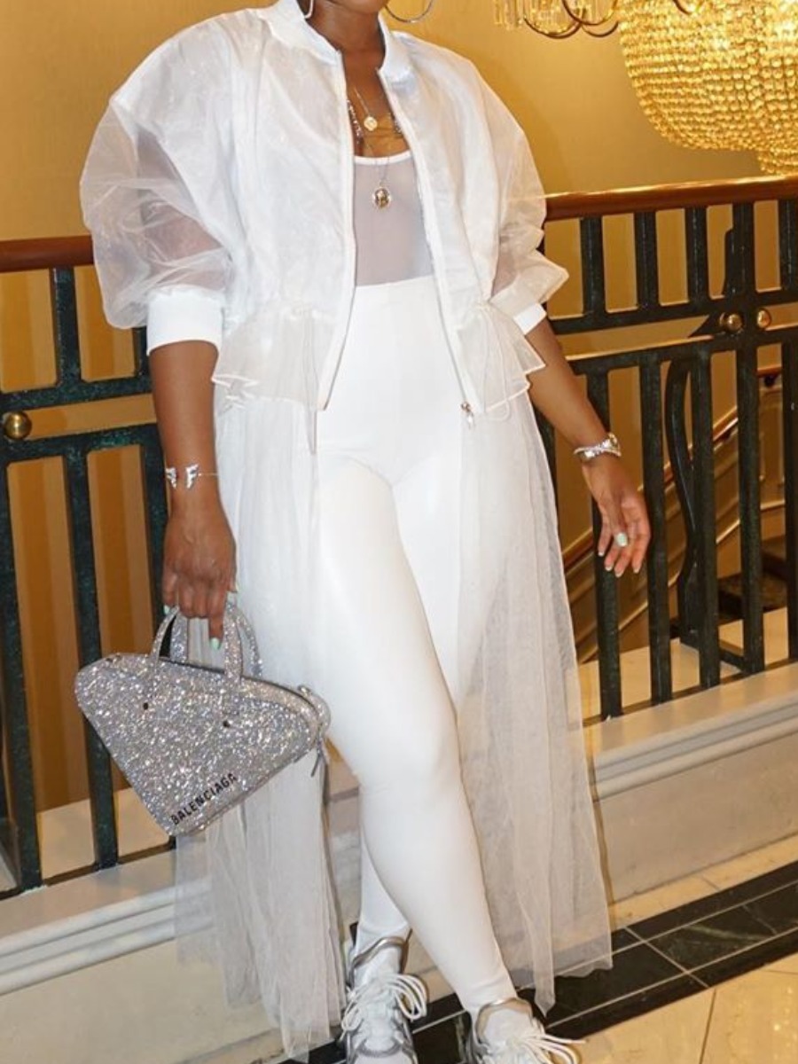 

lovely Casual Zipper Design See-through White Coat