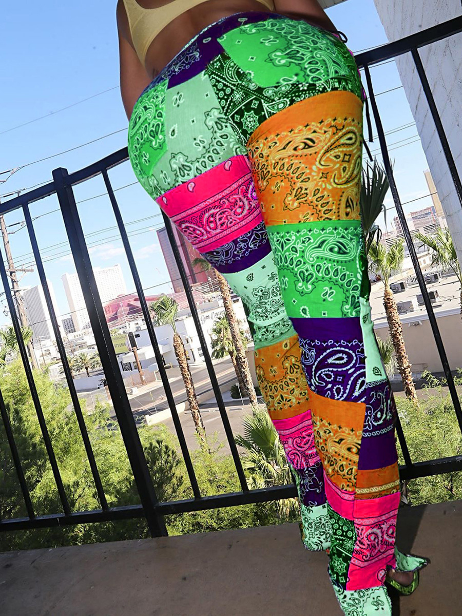 

Lovely Bohemian Print Color-lump Patchwork Green Plus Size Pants
