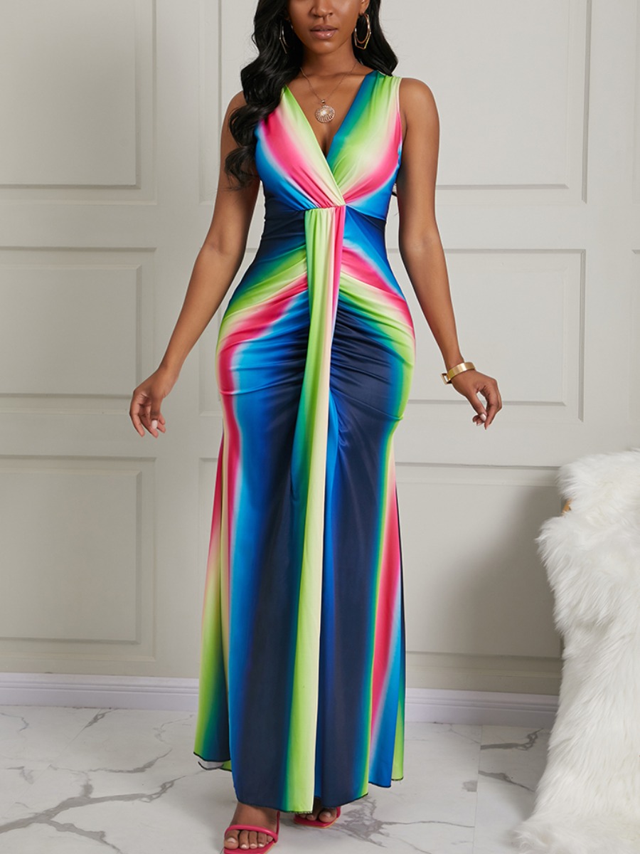 

lovely Stylish V Neck Tie-dye Multicolor Ankle Length Dress, Multi