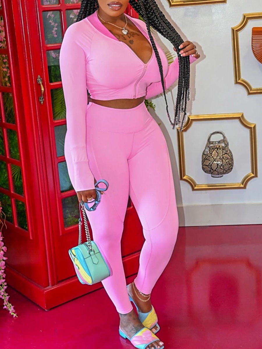 

lovely Sportswear Zipper Design Skinny Pink Two Piece Pants Set