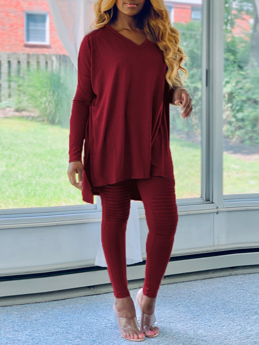 

lovely Casual V Neck Basic Wine Red Two Piece Pants Set