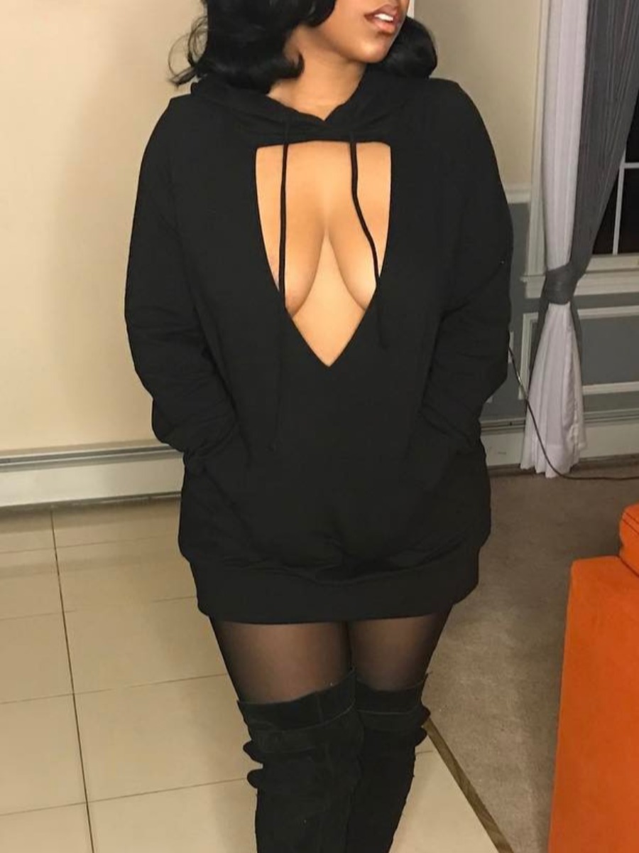 

lovely Sexy Hooded Collar Hollow-out Black Mini Dress