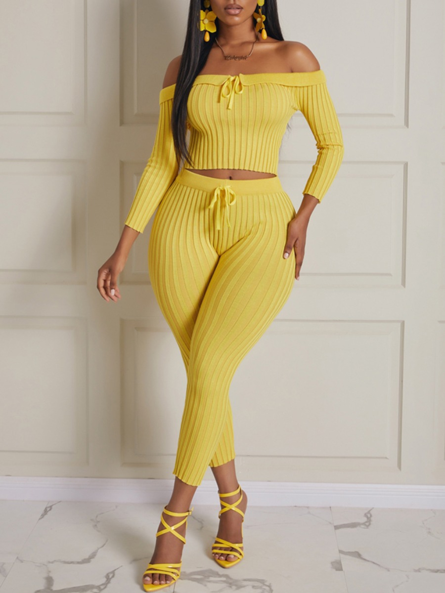 

lovely Casual Dew Shoulder Striped Yellow Two Piece Pants Set
