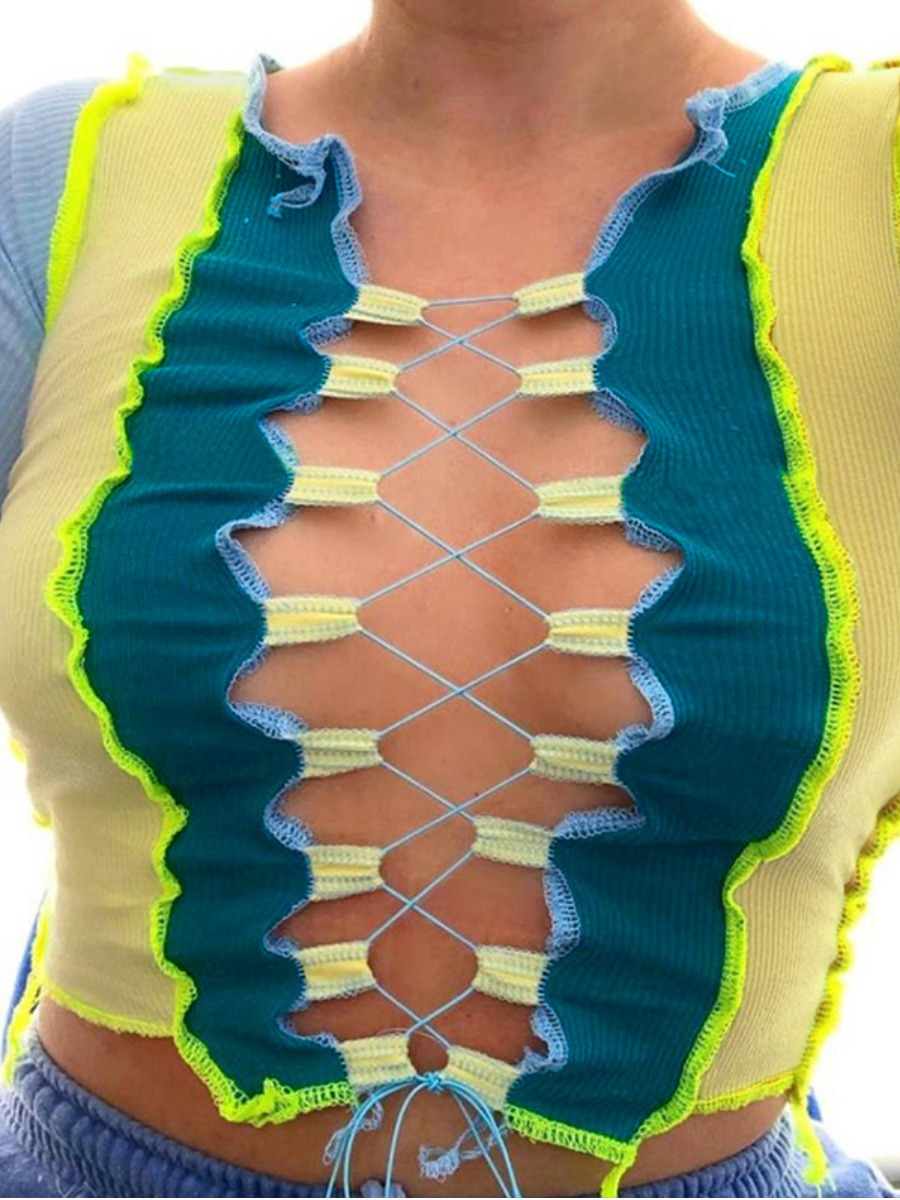 

lovely Stylish Bandage Design Patchwork Blue T-shirt