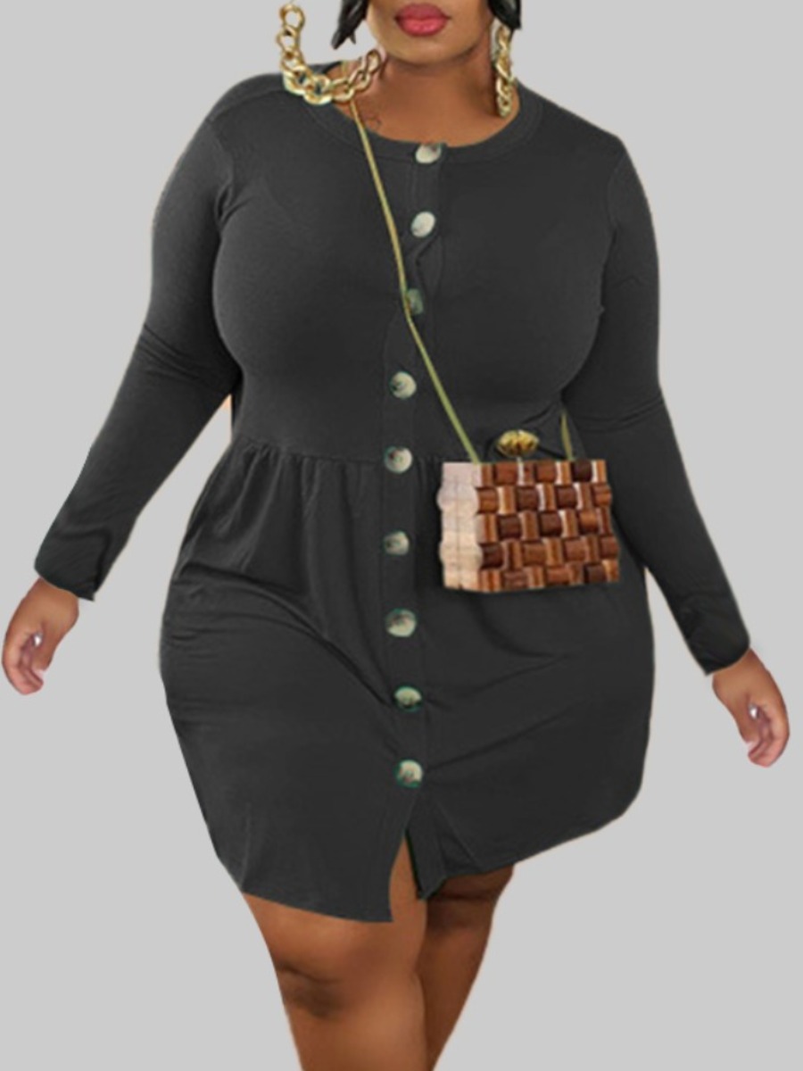 

lovely Casual O Neck Buttons Design Grey Knee Length Plus Size Dress