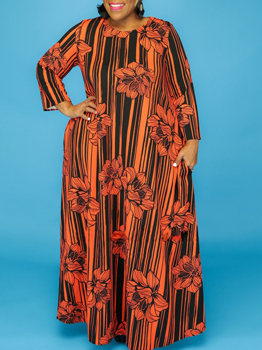 

Lovely Trendy O Neck Print Jacinth Maxi Plus Size Dress