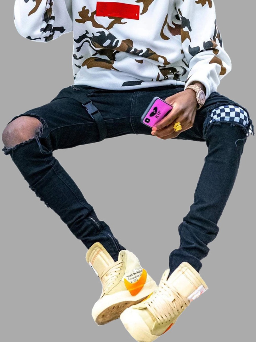 

lovely Street Broken Holes Patchwork Black Men Jeans