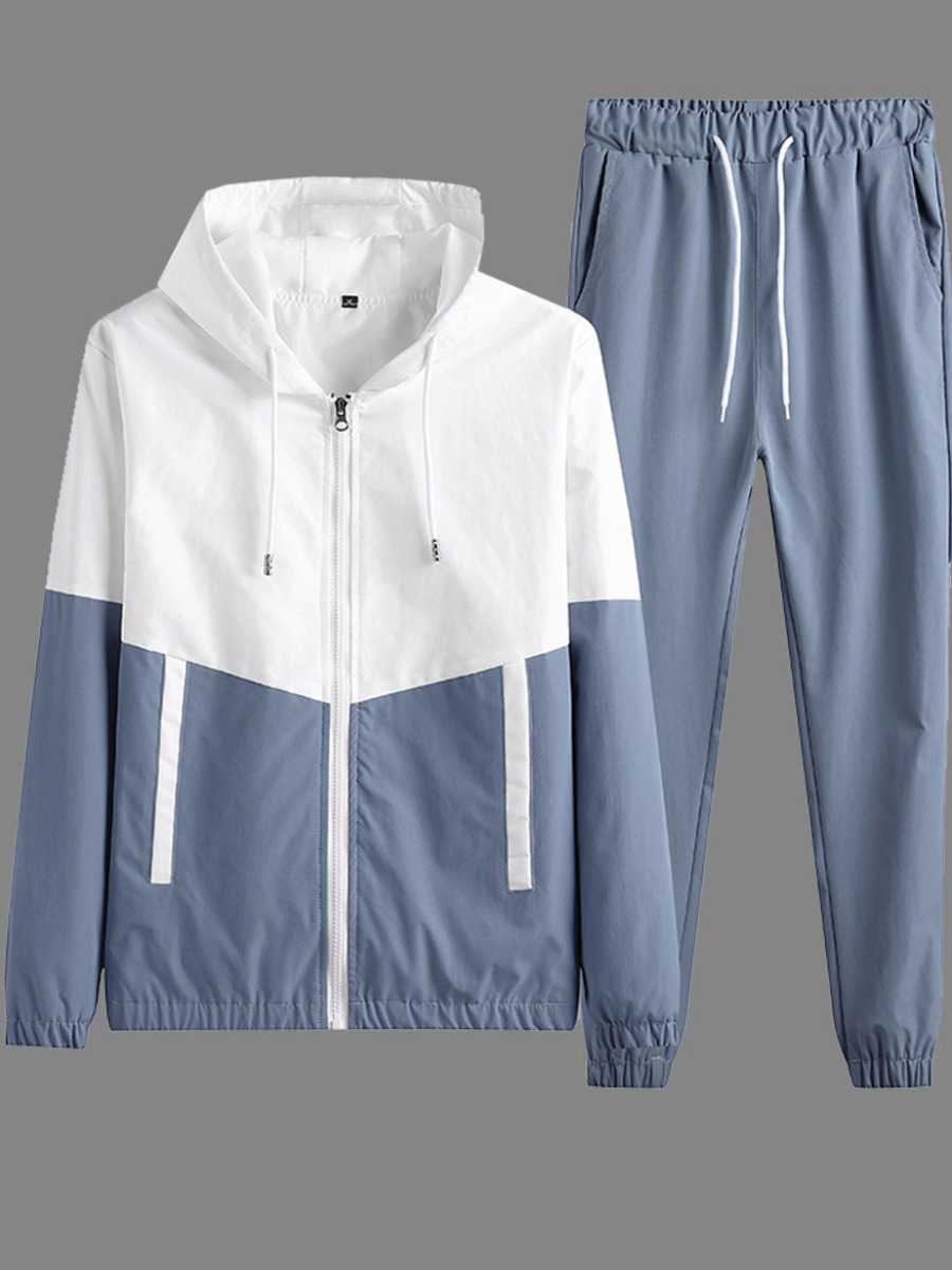 

lovely Sportswear Hooded Collar Patchwork Blue Men Two-piece Pants Set