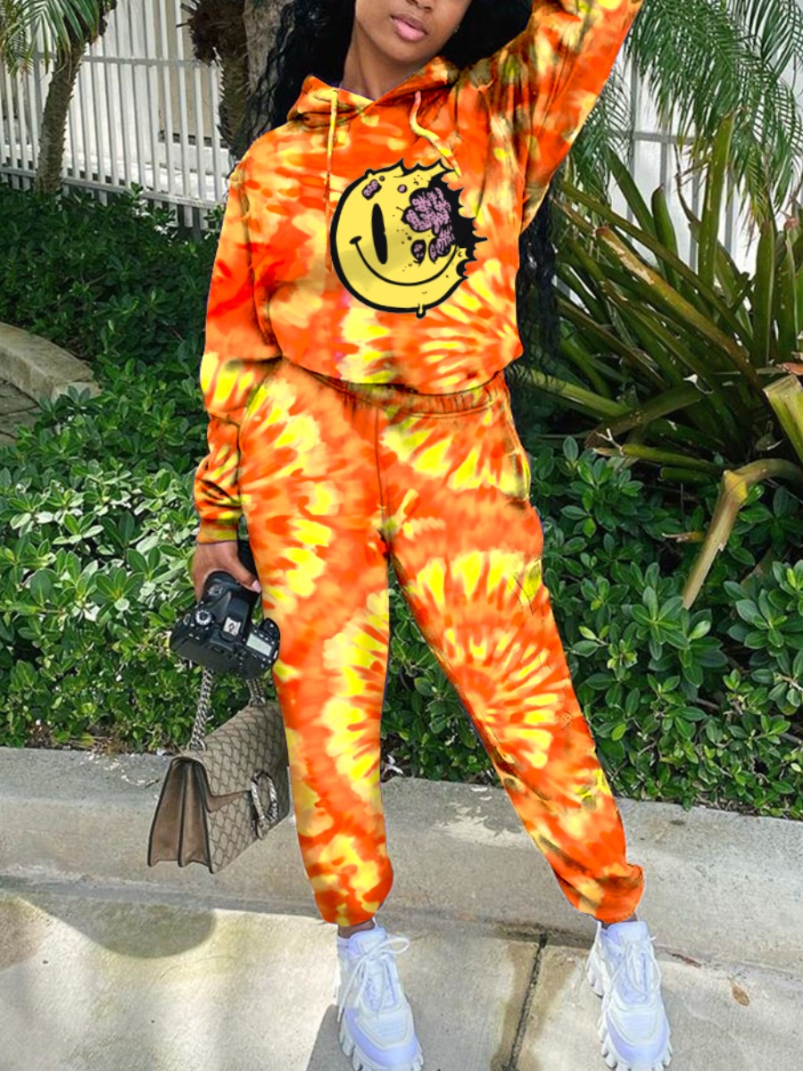 

LW Tie Dye Smiley Print Tracksuit Set, Orange