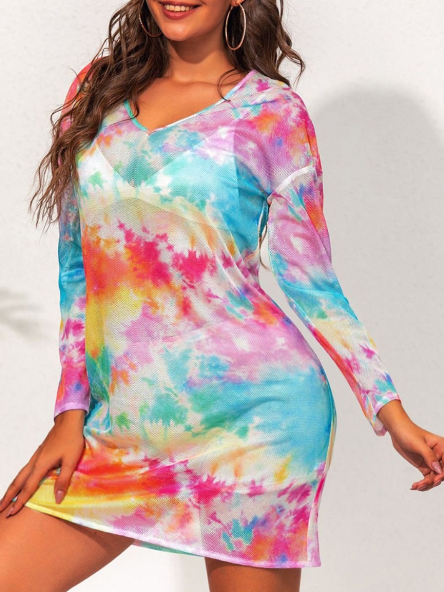 

Lovely Casual V Neck Tie-dye Multicolor Mini Plus Size Dress, Multi
