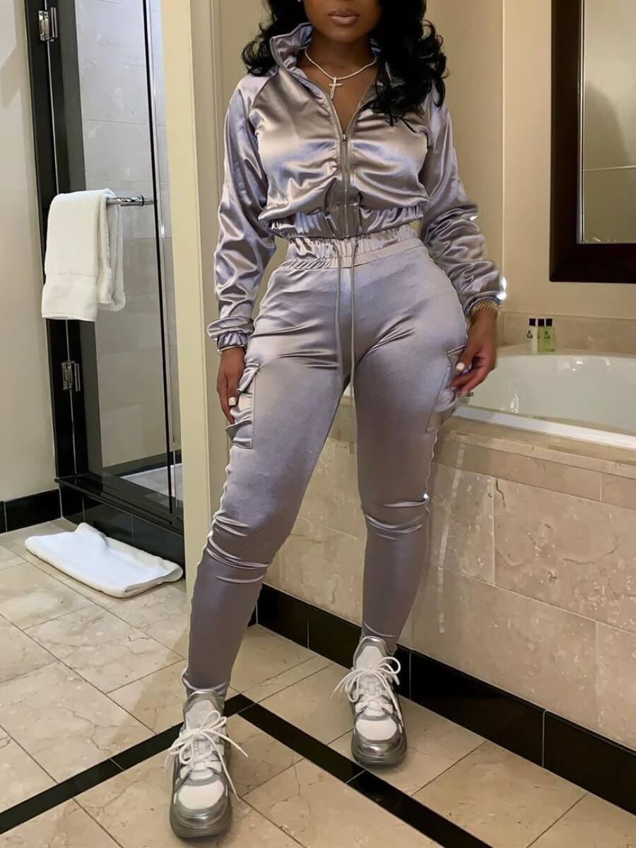 

Lovely Stylish Turndown Collar Zipper Design Silver Two Piece Pants Set