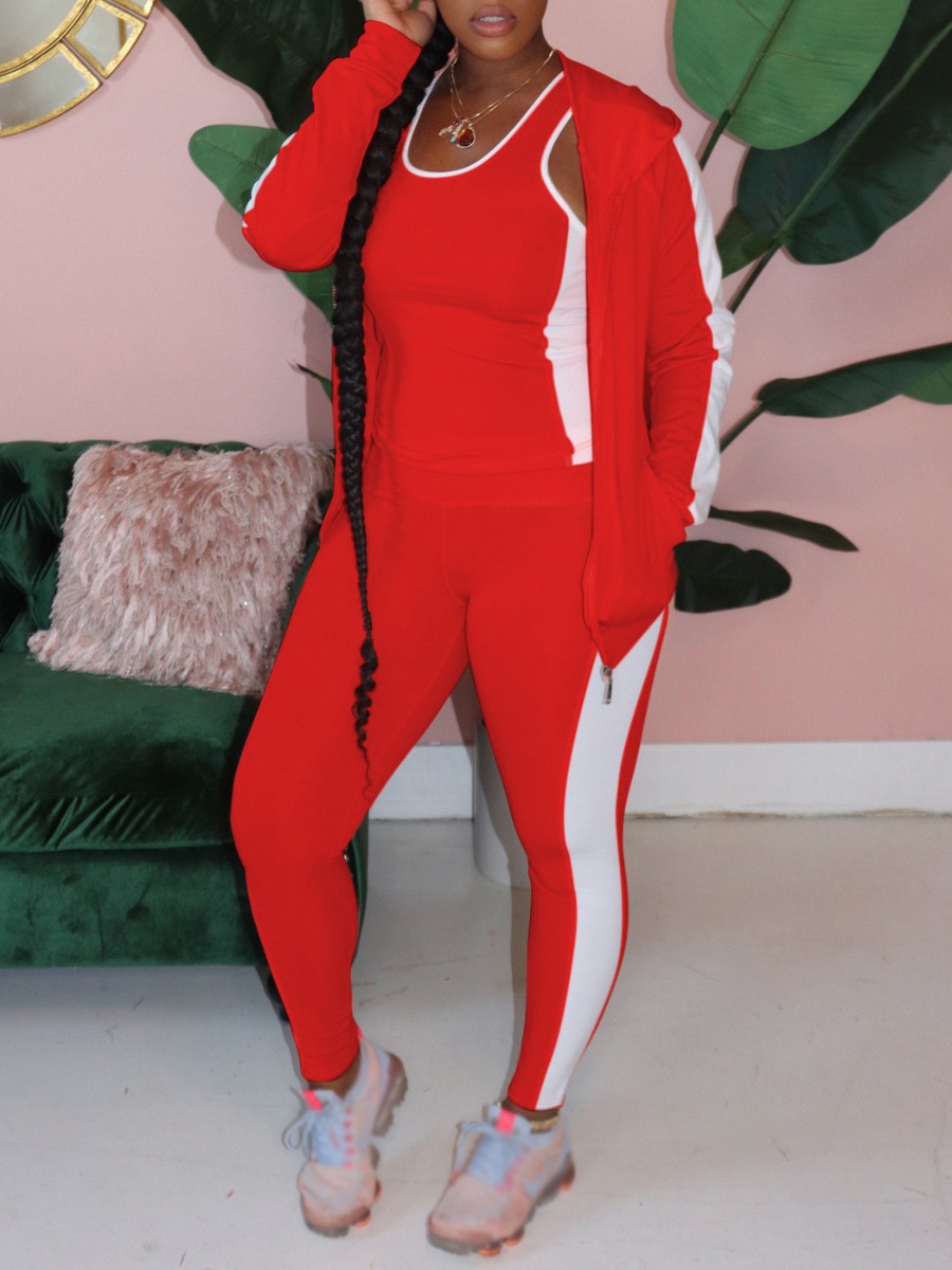 

lovely Sportswear Patchwork Red Two Piece Pants Set