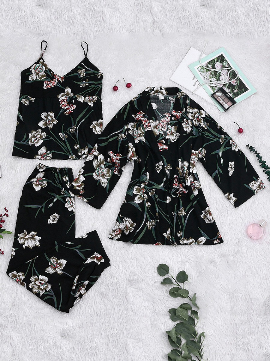 

lovely Casual Plants Print Black Sleepwear