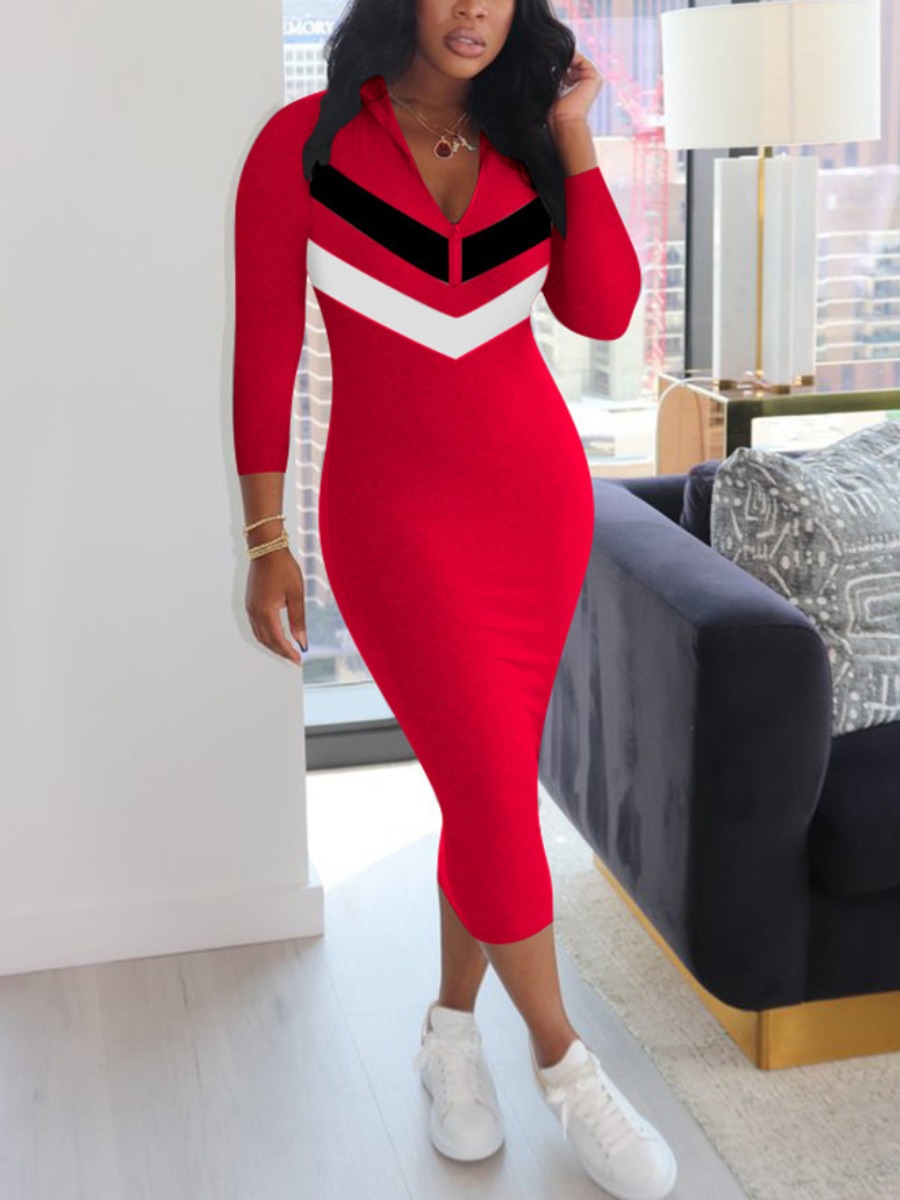 

lovely Leisure Patchwork Zipper Design Red Mid Calf Dress