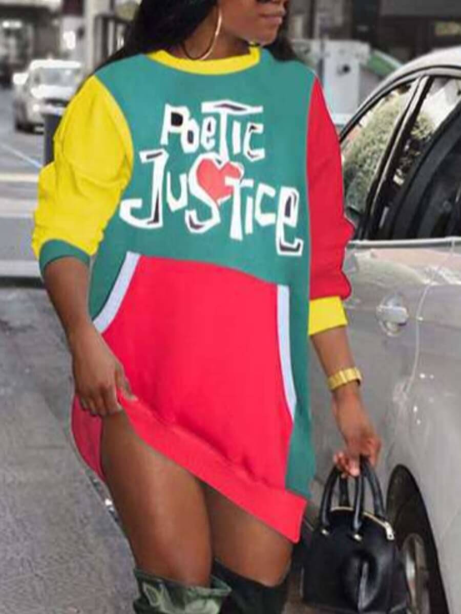 

LW O Neck Patchwork Letter Print Green Mini Dress