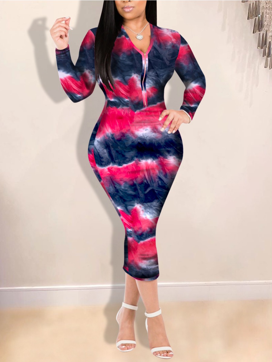 lovely Stylish Zipper Design Tie-dye Red Mid Calf Dress