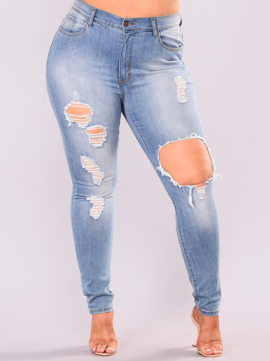 

lovely Casual Hollow-out Blue Plus Size Jeans