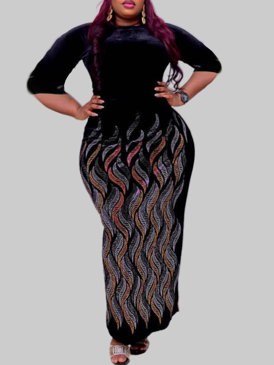 

lovely Casual O Neck Print Black Maxi Plus Size Dress