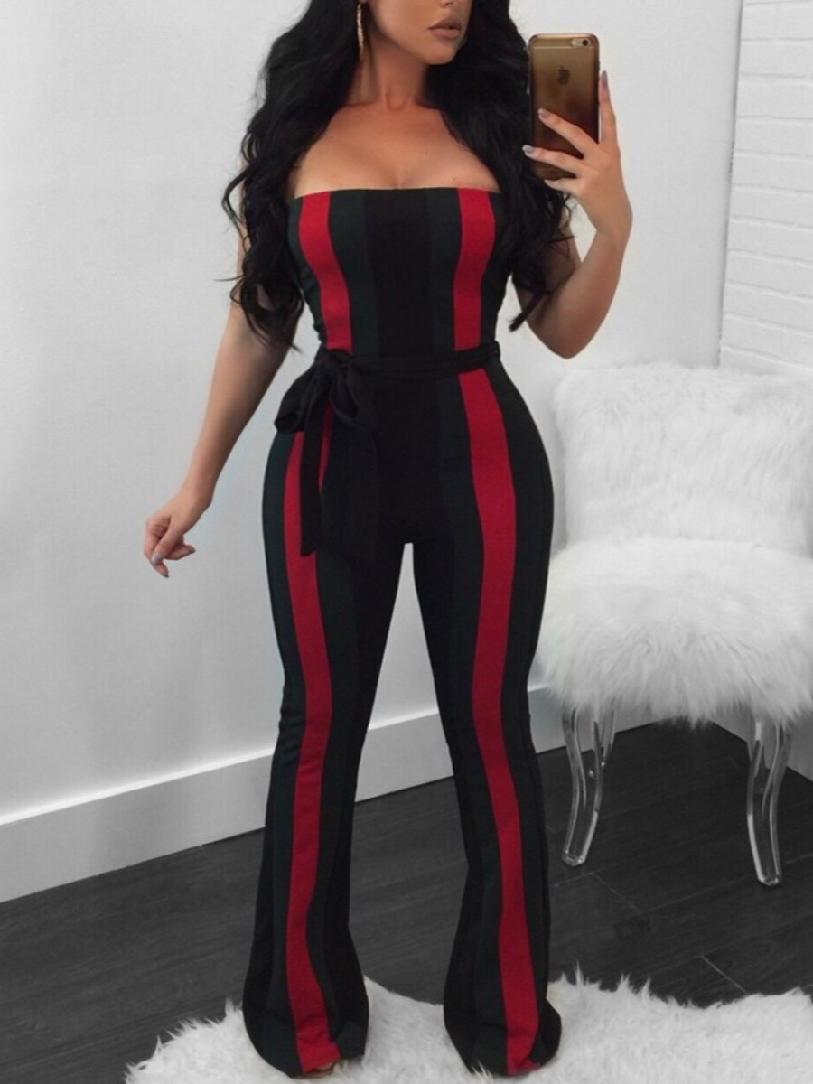 

lovely Trendy Dew Shoulder Striped Black One-piece Jumpsuit