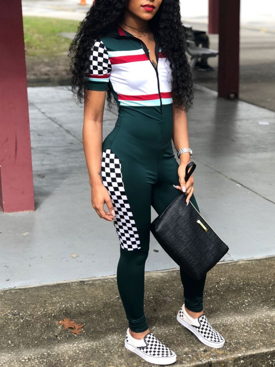 

lovely Sportswear Zipper Design Patchwork Green One-piece Jumpsuit