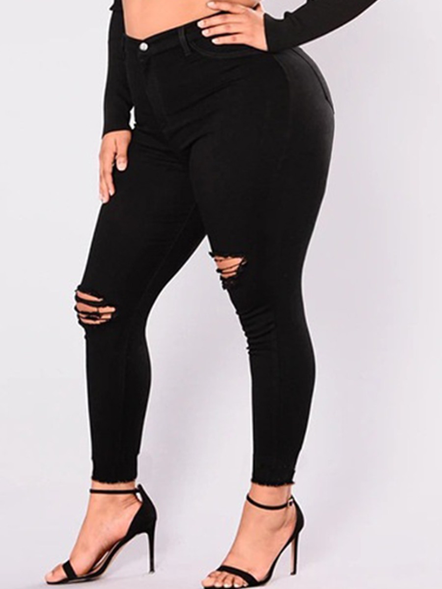 

lovely Casual Broken Holes Black Plus Size Jeans