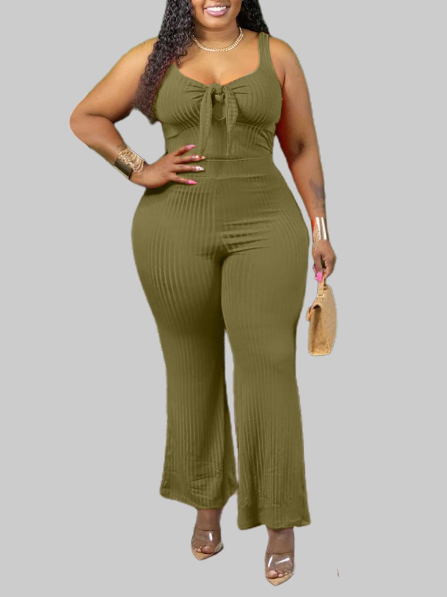 

lovely Leisure Knot Design Striped Green Plus Size One-piece Jumpsuit